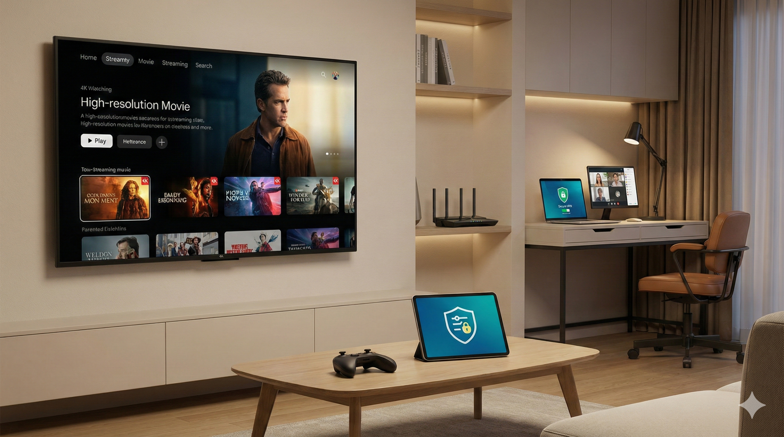 Modernes Wohnzimmer mit Home-Office-Ausstattung und stabilem WLAN für störungsfreies Streaming und Arbeiten – IT-Lösungen für Privatkunden von Fischer Automation & IT