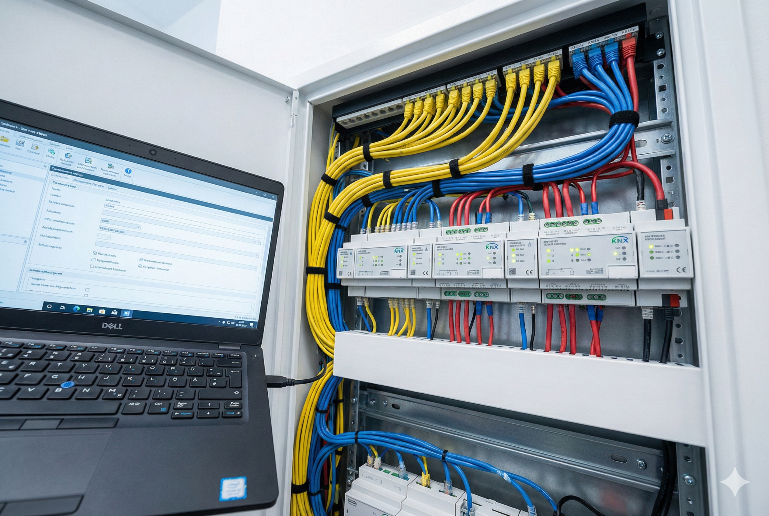 Detailansicht Schnittstellenkompetenz: Saubere Verkabelung von IT- und Elektrotechnik im Smart Home Verteiler – Fischer Automation & IT