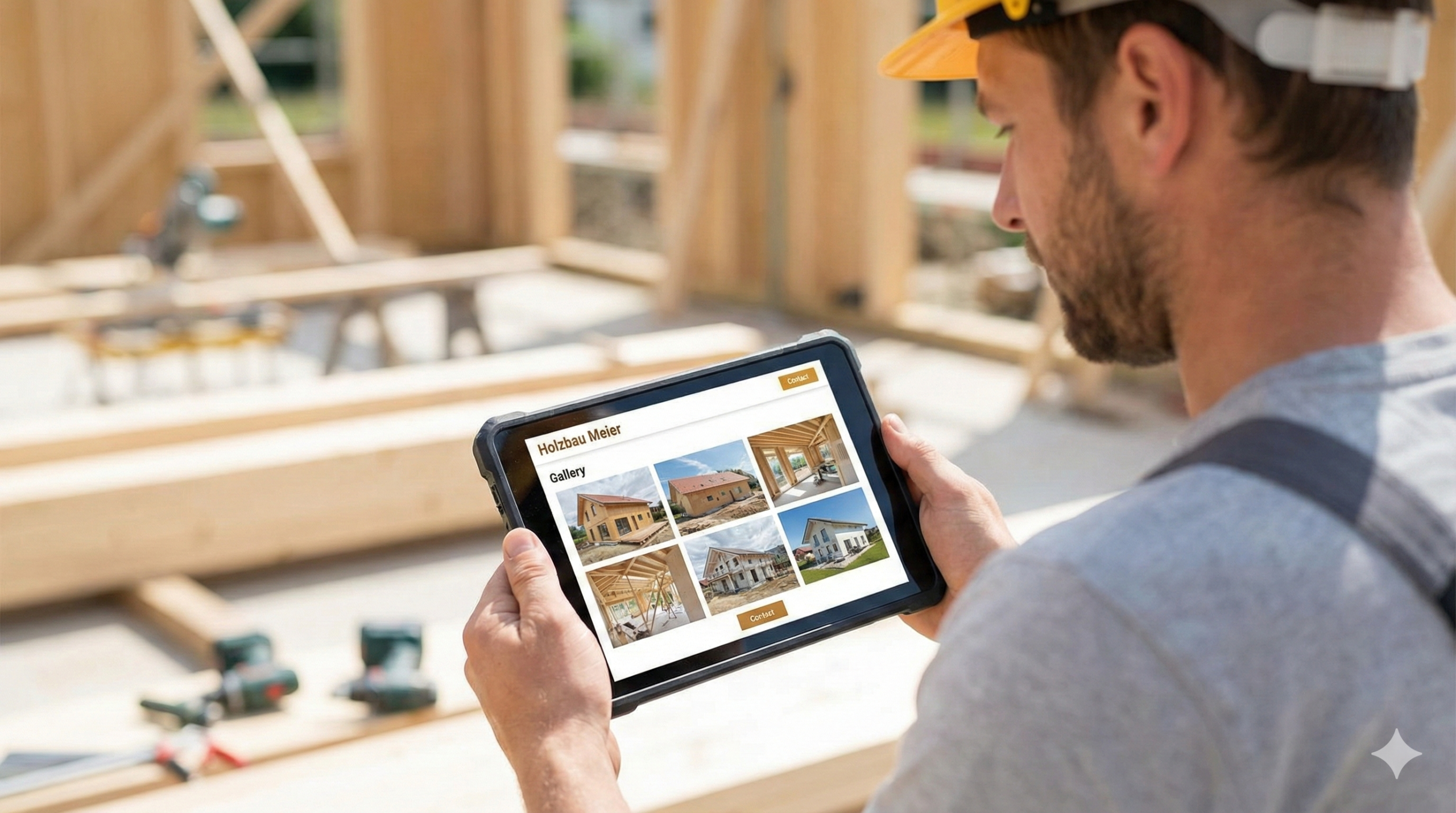 Wandmontiertes Tablet mit moderner Benutzeroberfläche als Beispiel für digitale Präsentation im Handwerk – Fischer Automation & IT