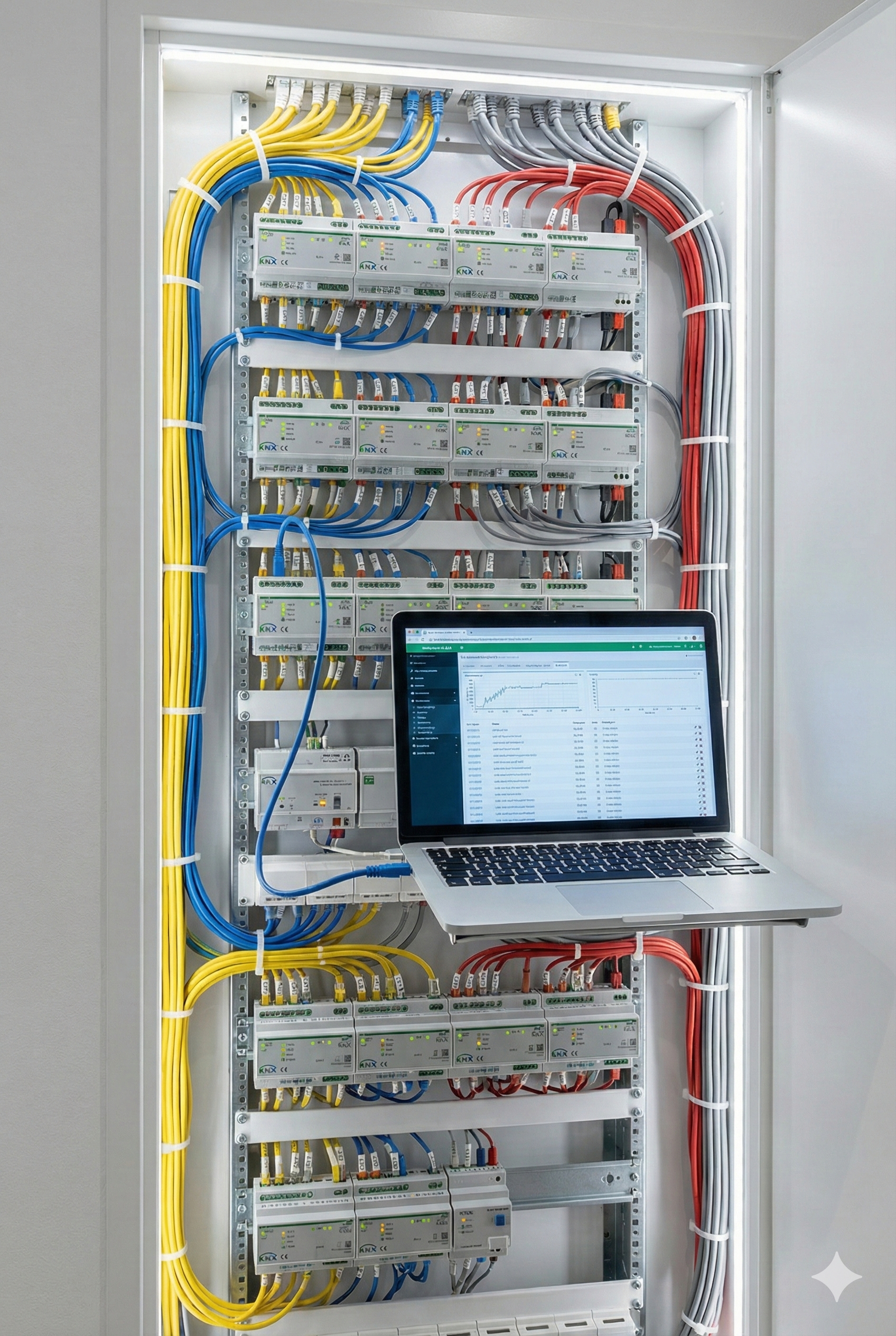 Professionell verdrahteter Smart Home Verteilerschrank mit KNX-Aktoren, ordentlicher Netzwerkverkabelung und angeschlossenem Laptop zur Programmierung – Fischer Automation & IT