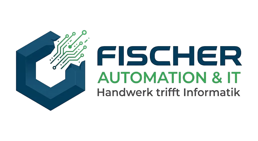 Logo von Fischer Automation & IT: Ein stabiles, dunkelblaues Sechseck geht fließend in grüne digitale Schaltkreise über – Symbol für die Verbindung von Handwerk und Informatik.