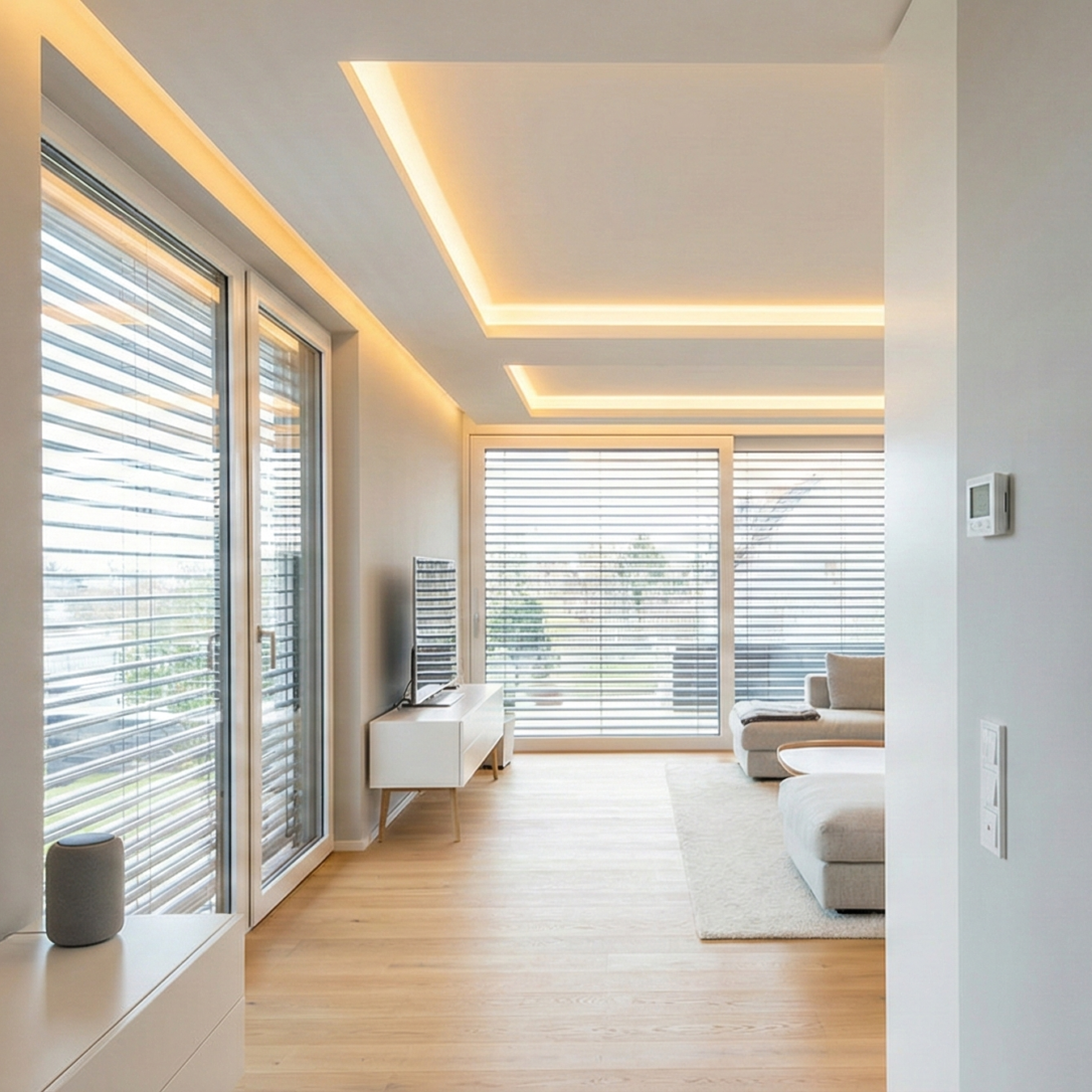 Modernes Wohnzimmer mit zentraler Smart Home Tablet-Steuerung an der Wand und indirekter LED-Beleuchtung – Fischer Automation & IT