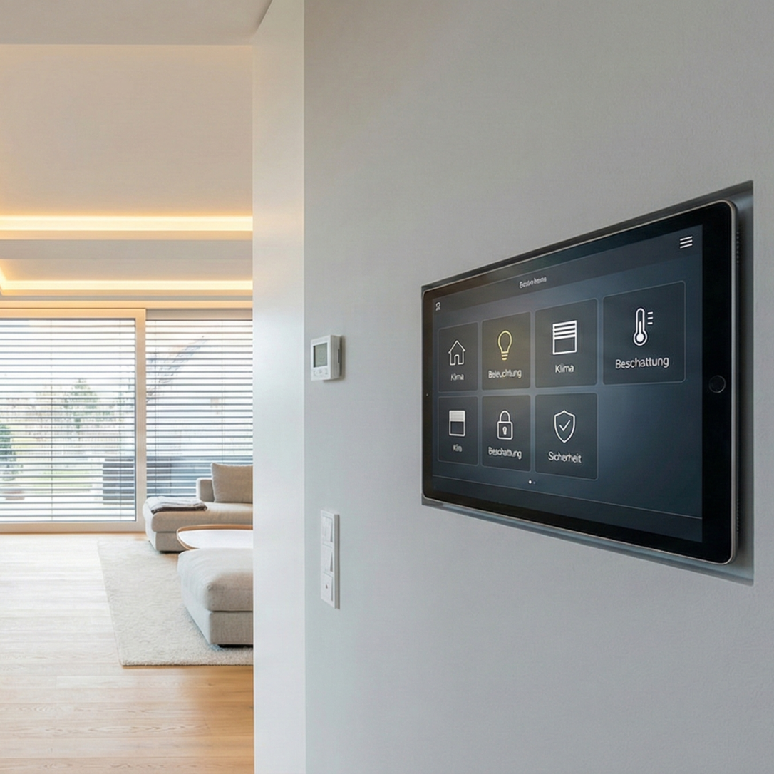 Modernes Wohnzimmer mit zentraler Smart Home Tablet-Steuerung an der Wand und indirekter LED-Beleuchtung – Fischer Automation & IT
