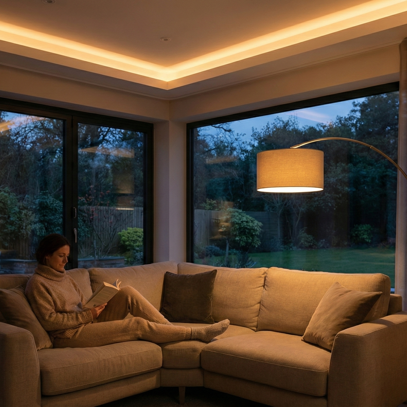 Gemütliches, modernes Wohnzimmer mit intelligenter, gedimmter Smart Home Beleuchtung und entspannter Atmosphäre – Fischer Automation & IT