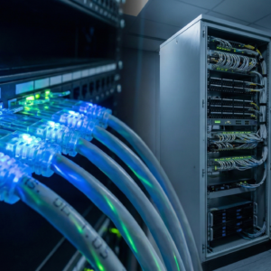 Nahaufnahme aktiver, leuchtender RJ45-Netzwerkverbindungen in einem professionellen Serverschrank – Symbol für stabile IT-Infrastruktur von Fischer Automation & IT