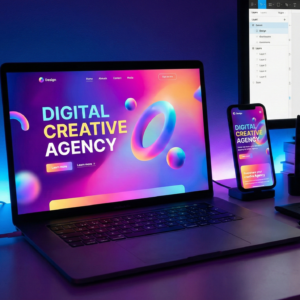 Modernes, responsives Webdesign dargestellt auf Laptop und Smartphone in kreativem Arbeitsumfeld mit lebendigen Farbverläufen – Fischer Automation & IT