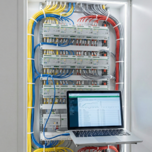 Professionell verdrahteter Smart Home Verteilerschrank mit KNX-Aktoren, ordentlicher Netzwerkverkabelung und angeschlossenem Laptop zur Programmierung – Fischer Automation & IT