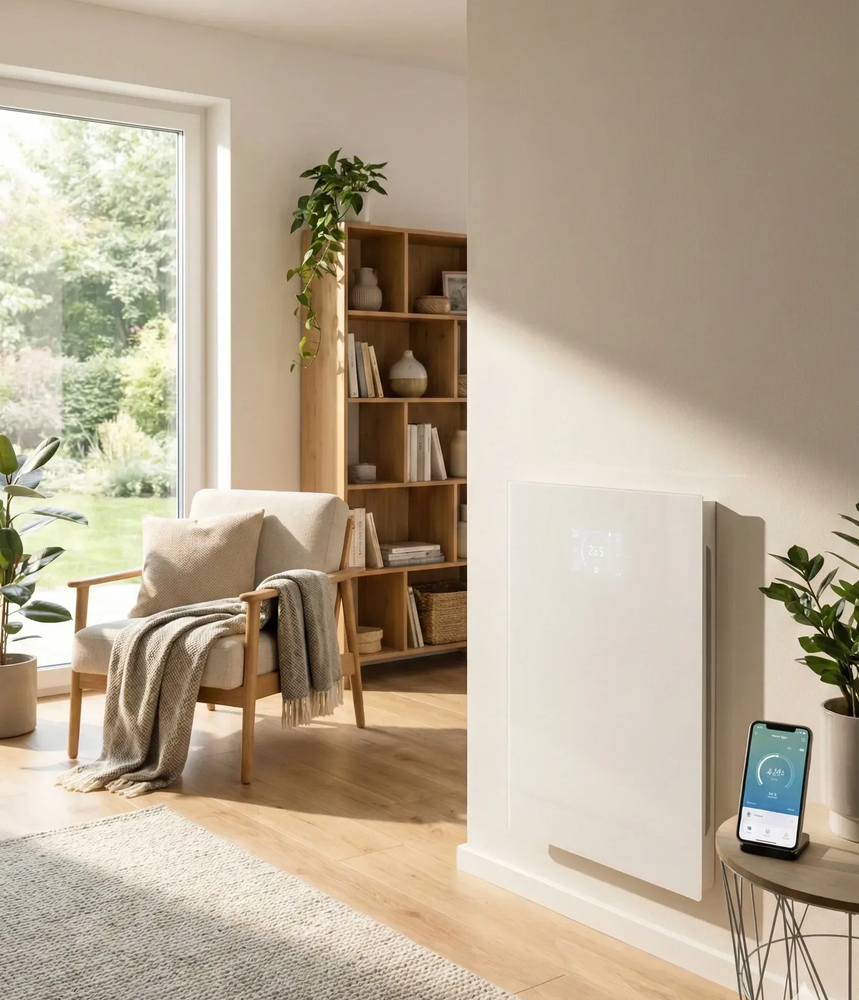 Dezentrales Lüftungsgerät Hokkaido 300 von Passiv Energie im modernen Wohnzimmer mit Touch-Display und Smartphone-Steuerung per App.