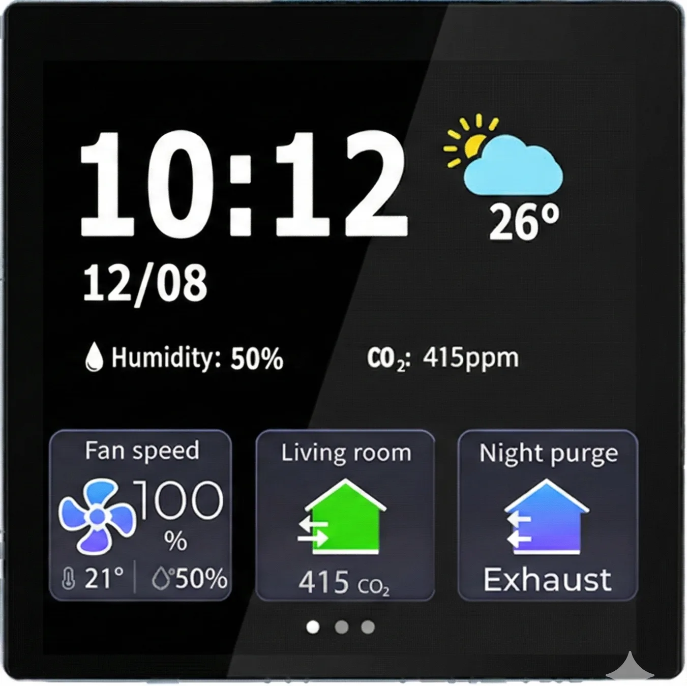 Smart-Home Touchpanel Display zur Steuerung der Lüftungsanlage mit Anzeige von Luftqualität und Einstellungen.