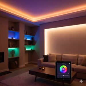 Modernes Wohnzimmer mit stimmungsvoller, indirekter RGBW-Farbbeleuchtung für besondere Raum-Atmosphäre – Fischer Automation & IT