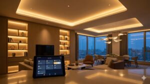 Stimmungsvolle Wohnraumbeleuchtung mit indirekten LED-Deckenprofilen und smarter Lichtsteuerung – Fischer Automation & IT